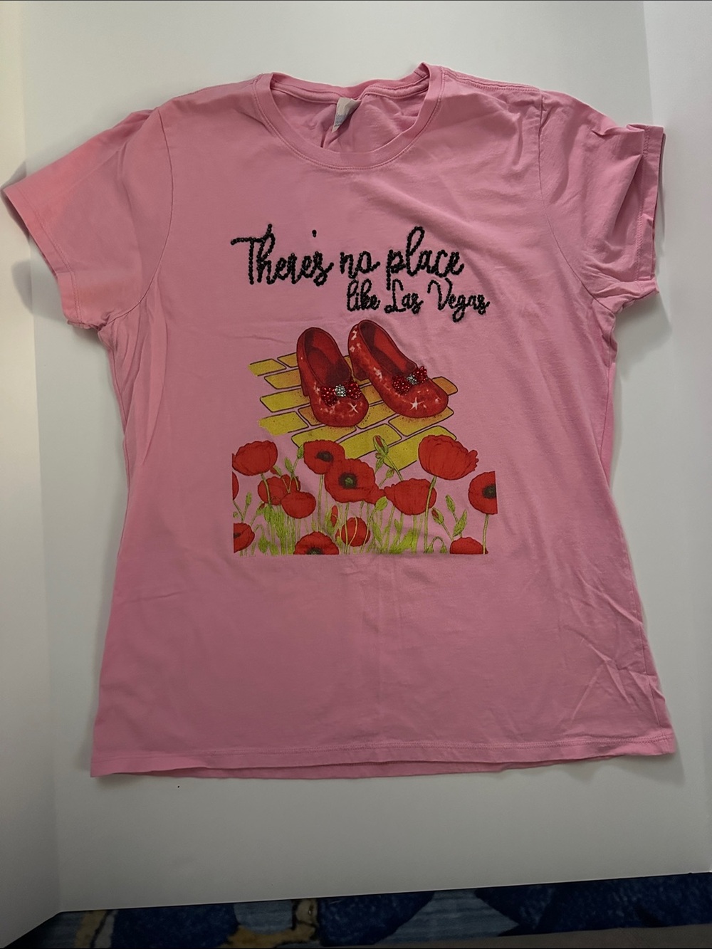Wizard of Oz Las Vegas Pink Tee with Red Shoe & Poppy Print, Crystal Embellish